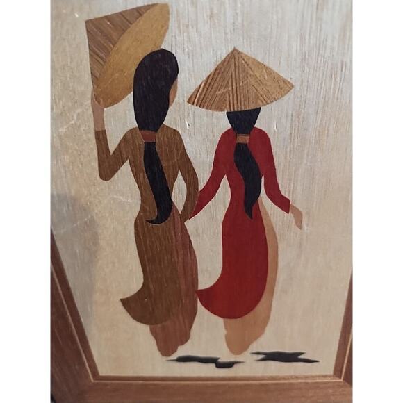 VINTAGE Asian women Friends WOOD INLAY MARQUETRY Pair Set Small Framed Wall Art - Picture 5 of 7